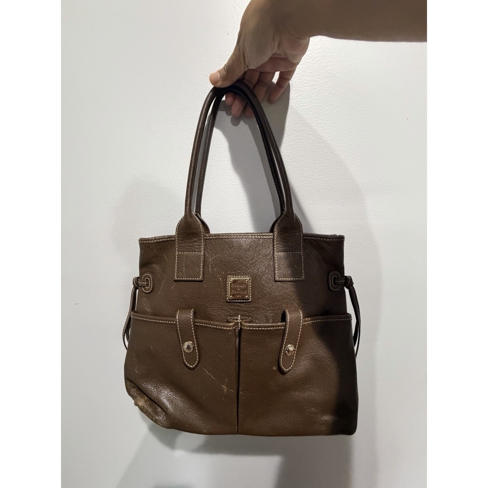 Dooney & Bourke June Brown Pebbled Leather Double Pocket Cinch Shoulder Purse M